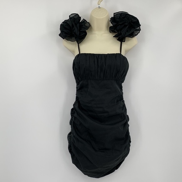 Lovers and Friends Moda Mini dress ruched black tank pom pom Chiffon new XXS - Picture 2 of 6